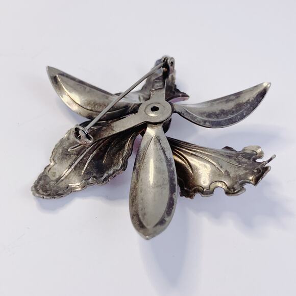 Vintage Large Enamel Tropical Flower Brooch Mid Century Purple Metal Orchid Pin - Picture 9 of 10